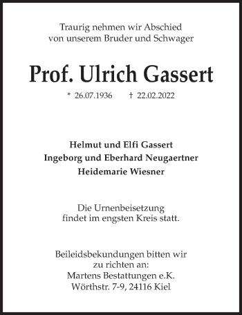 Traueranzeige von Ulrich Gassert von Kieler Nachrichten