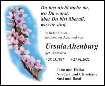 Traueranzeige von Ursula Altenburg von Ostsee-Zeitung GmbH
