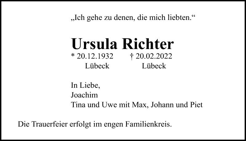  Traueranzeige für Ursula Richter vom 27.02.2022 aus Lübecker Nachrichten