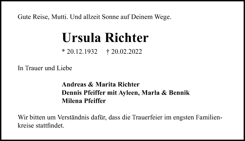  Traueranzeige für Ursula Richter vom 27.02.2022 aus Lübecker Nachrichten