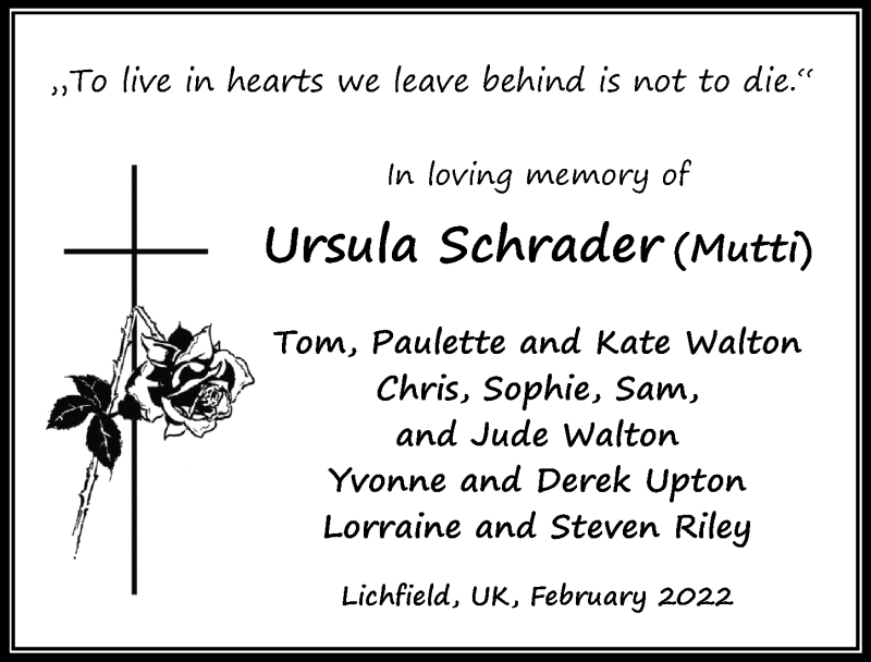  Traueranzeige für Ursula Schrader vom 19.02.2022 aus Eichsfelder Tageblatt