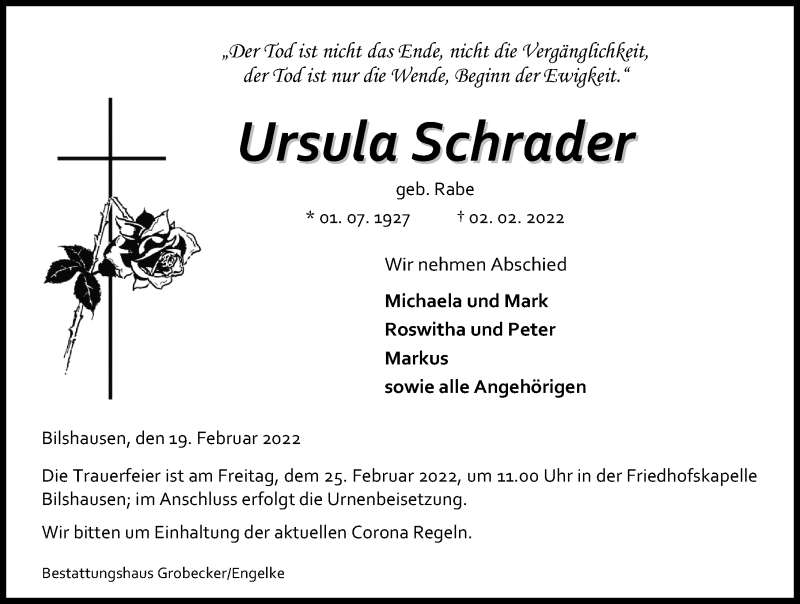  Traueranzeige für Ursula Schrader vom 19.02.2022 aus Eichsfelder Tageblatt
