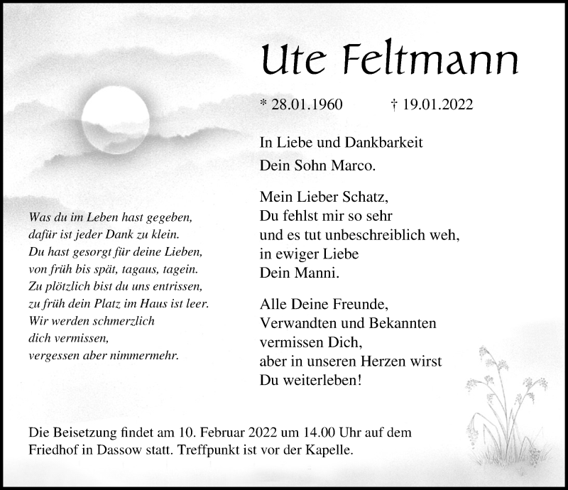  Traueranzeige für Ute Feltmann vom 05.02.2022 aus Ostsee-Zeitung GmbH