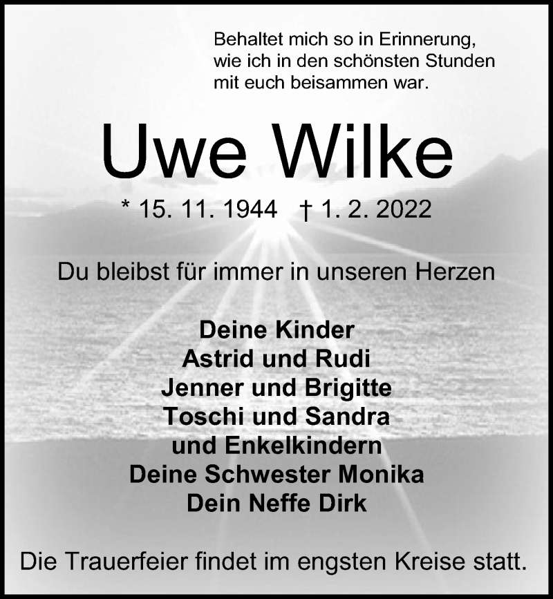  Traueranzeige für Uwe Wilke vom 05.02.2022 aus Kieler Nachrichten