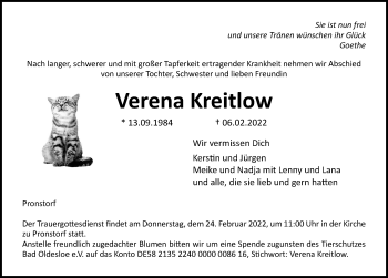 Traueranzeige von Verena Kreitlow von Lübecker Nachrichten