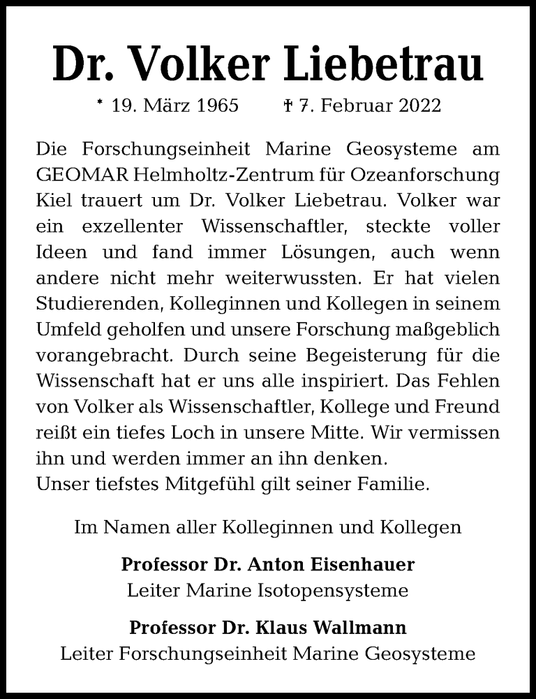  Traueranzeige für Volker Liebetrau vom 12.02.2022 aus Kieler Nachrichten