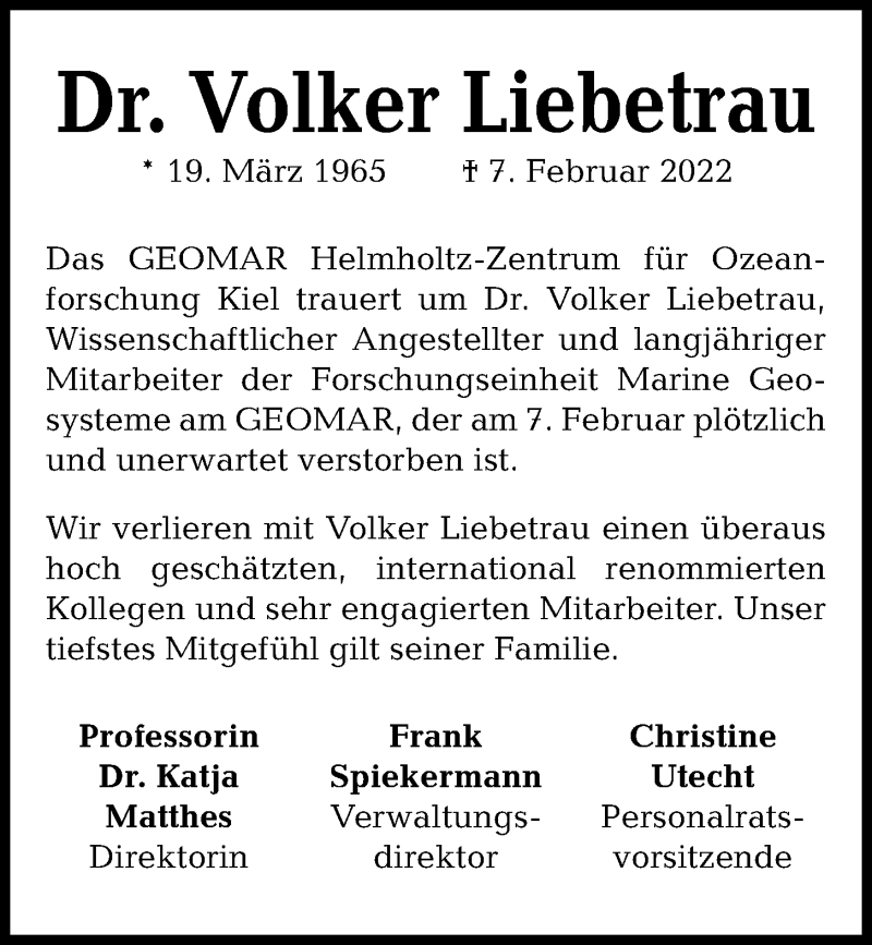  Traueranzeige für Volker Liebetrau vom 12.02.2022 aus Kieler Nachrichten