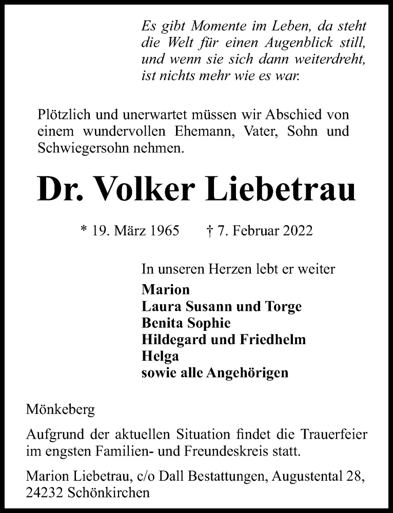  Traueranzeige für Volker Liebetrau vom 12.02.2022 aus Göttinger Tageblatt