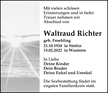 Traueranzeige von Waltraud Richter von Ostsee-Zeitung GmbH