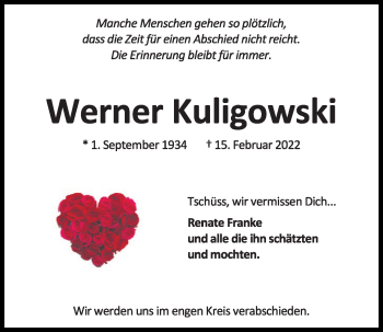 Traueranzeige von Werner Kuligowski von Kieler Nachrichten