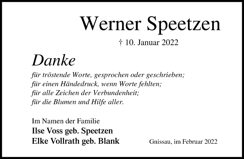  Traueranzeige für Werner Speetzen vom 12.02.2022 aus Lübecker Nachrichten