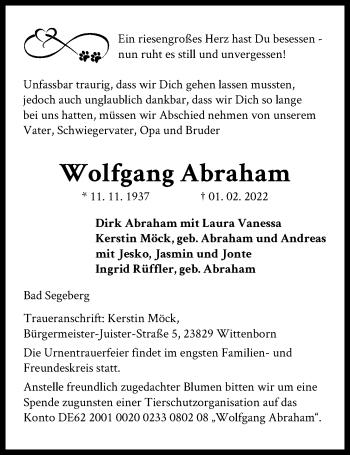 Traueranzeige von Wolfgang Abraham von Kieler Nachrichten