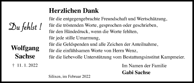  Traueranzeige für Wolfgang Sachse vom 12.02.2022 aus Schaumburger Nachrichten