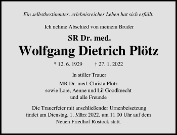 Traueranzeige von Wolfgang Dietrich Plötz von Ostsee-Zeitung GmbH
