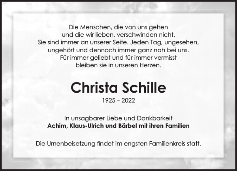  Traueranzeige für Christa Schille vom 19.03.2022 aus Sächsische Zeitung