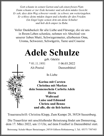 Traueranzeige von Adele Schulze von Aller Zeitung