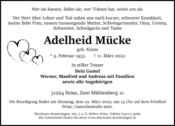 Traueranzeige von Adelheid Mücke von Peiner Allgemeine Zeitung