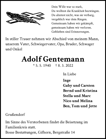 Traueranzeige von Adolf Gentemann von Aller Zeitung