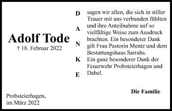 Traueranzeige von Adolf Tode von Kieler Nachrichten