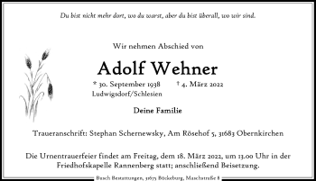 Traueranzeige von Adolf Wehner von Schaumburger Nachrichten
