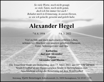 Traueranzeige von Alexander Hegel von Hannoversche Allgemeine Zeitung/Neue Presse