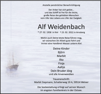 Traueranzeige von Alf Weidenbach von Kieler Nachrichten