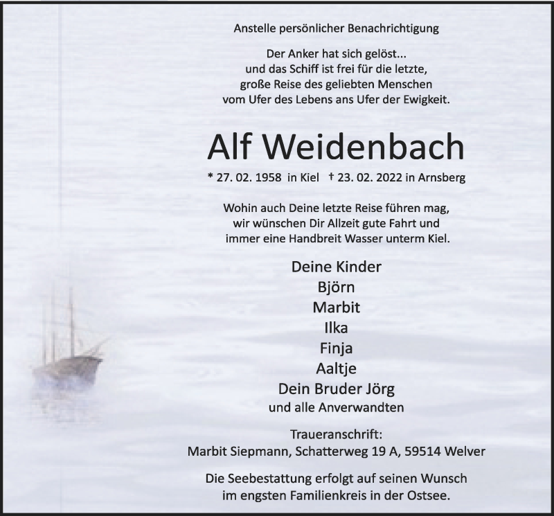  Traueranzeige für Alf Weidenbach vom 05.03.2022 aus Kieler Nachrichten