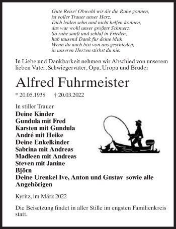Traueranzeige von Alfred Fuhrmeister von Märkischen Allgemeine Zeitung