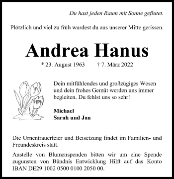 Traueranzeige von Andrea Hanus von Kieler Nachrichten