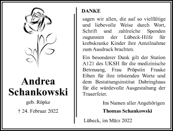 Traueranzeige von Andrea Schankowski von Lübecker Nachrichten