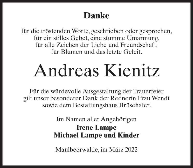  Traueranzeige für Andreas Kienitz vom 26.03.2022 aus Märkischen Allgemeine Zeitung