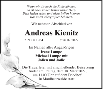 Traueranzeige von Andreas Kienitz von Märkischen Allgemeine Zeitung