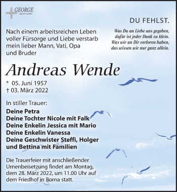 Traueranzeige von Andreas Wende von Leipziger Volkszeitung