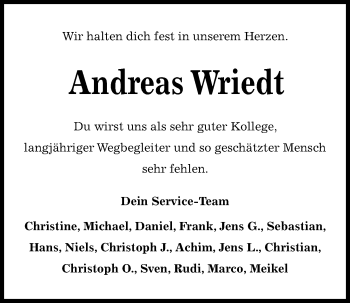 Traueranzeige von Andreas Wriedt von Kieler Nachrichten