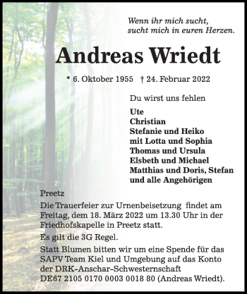 Traueranzeige von Andreas Wriedt von Kieler Nachrichten