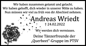 Traueranzeige von Andreas Wriedt von Kieler Nachrichten