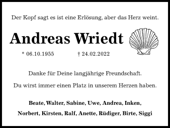 Traueranzeige von Andreas Wriedt von Kieler Nachrichten