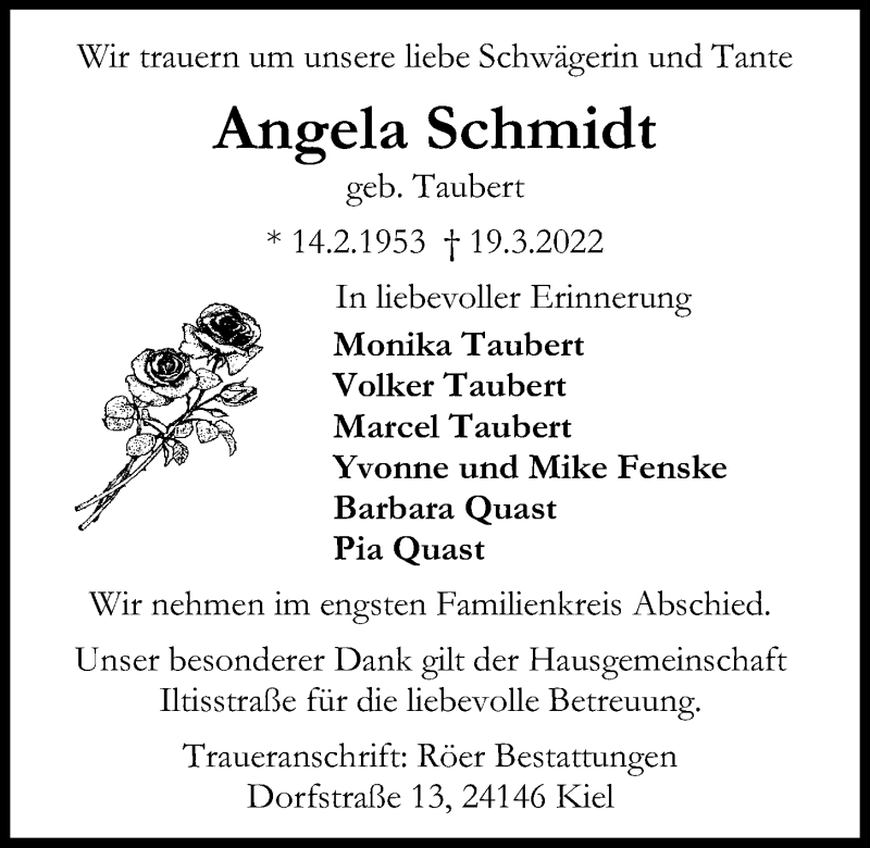  Traueranzeige für Angela Schmidt vom 26.03.2022 aus Kieler Nachrichten