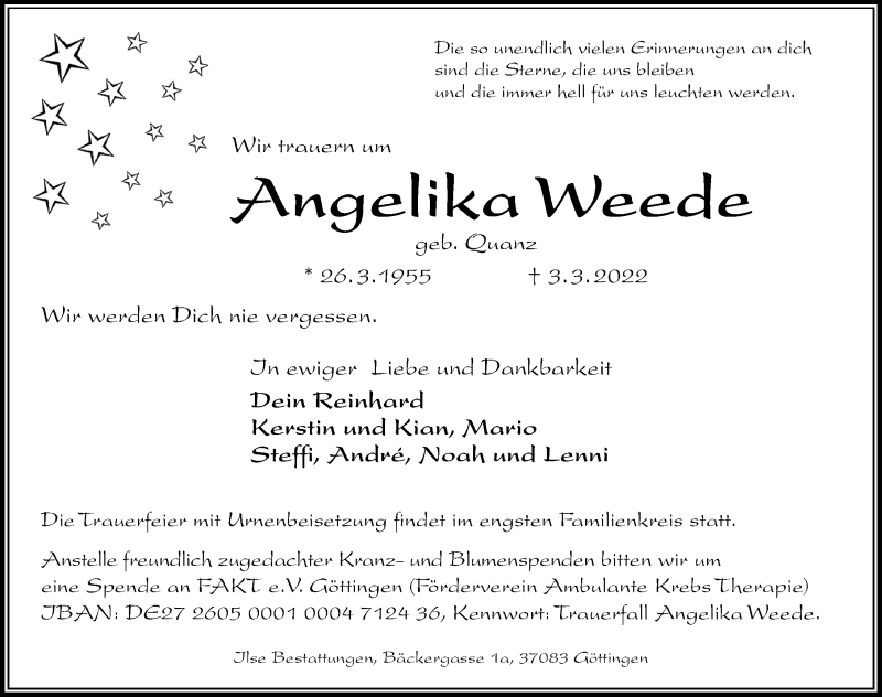  Traueranzeige für Angelika Weede vom 12.03.2022 aus Göttinger Tageblatt