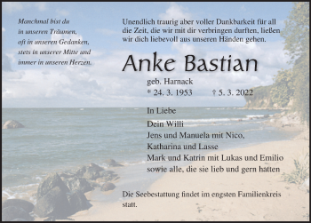 Traueranzeige von Anke Bastian von Ostsee-Zeitung GmbH