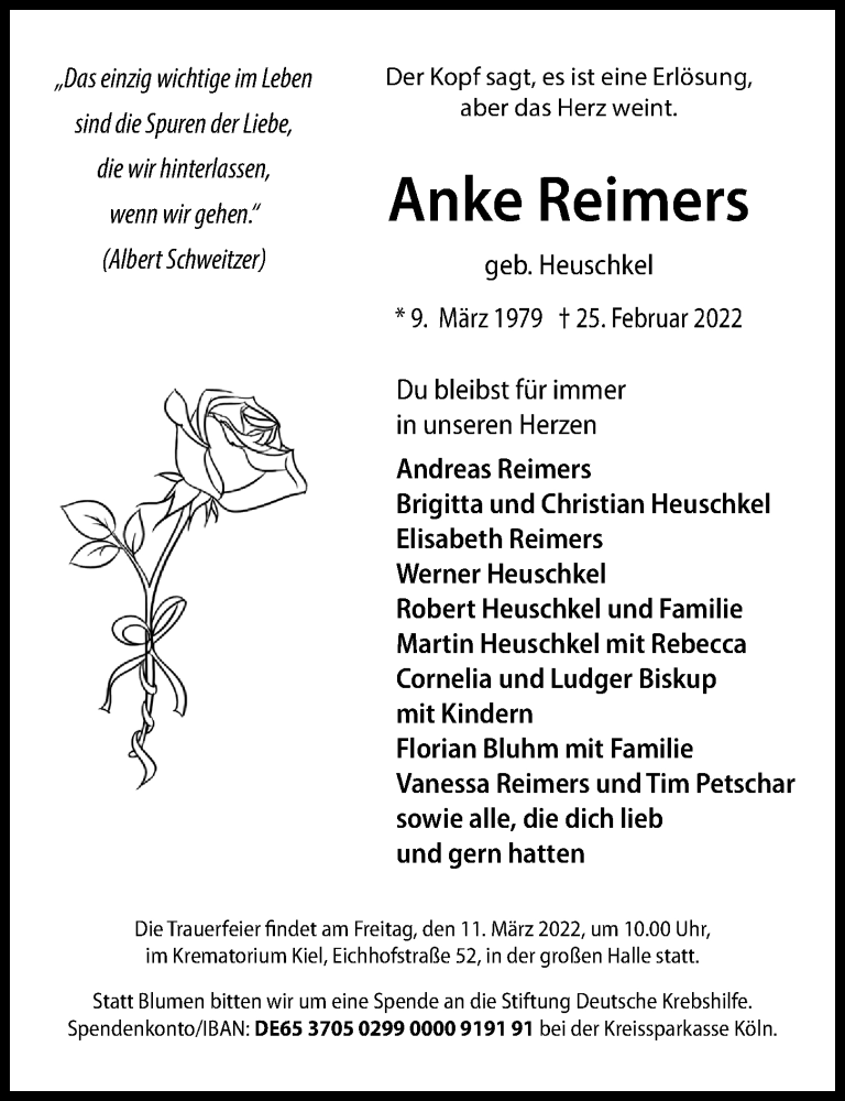  Traueranzeige für Anke Reimers vom 05.03.2022 aus Kieler Nachrichten