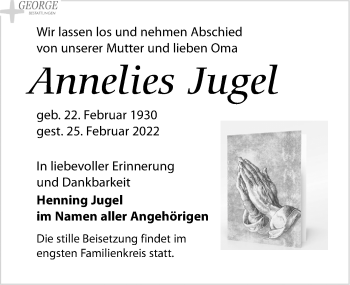 Traueranzeige von Annelies Jugel von Leipziger Volkszeitung