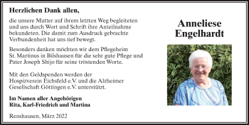 Traueranzeige von Anneliese Engelhardt von Göttinger Tageblatt