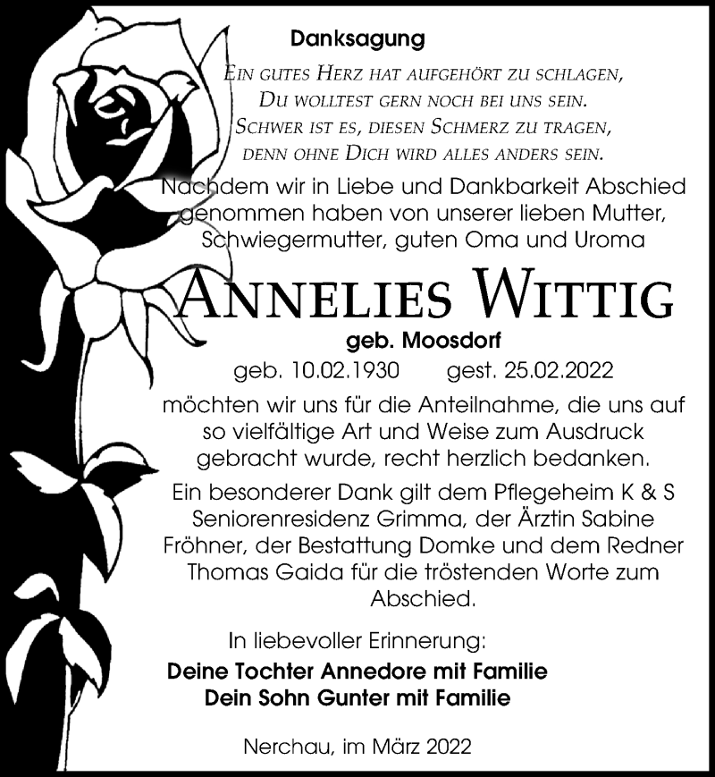  Traueranzeige für Anneliese Wittig vom 26.03.2022 aus Leipziger Volkszeitung