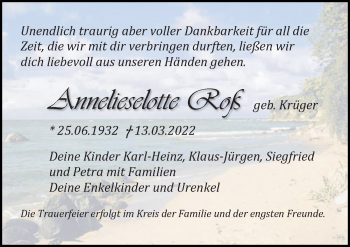 Traueranzeige von Annelieselotte Roß von Ostsee-Zeitung GmbH