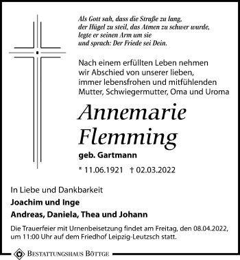 Traueranzeige von Annemarie Flemming von Leipziger Volkszeitung