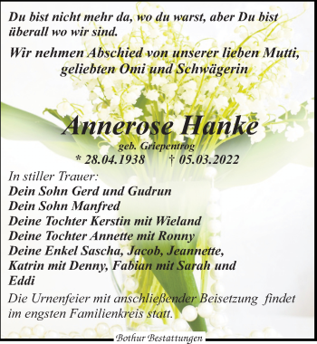 Traueranzeige von Annerose Hanke von Leipziger Volkszeitung