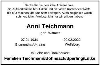 Traueranzeige von Anni Teichmann von Aller Zeitung