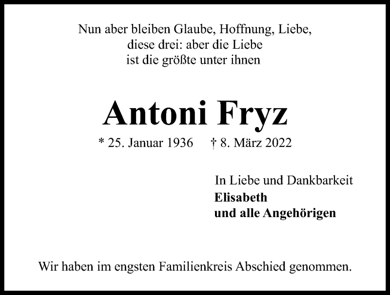  Traueranzeige für Antoni Fryz vom 19.03.2022 aus Kieler Nachrichten