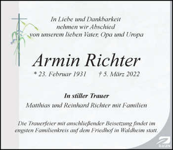 Traueranzeige von Armin Richter von Leipziger Volkszeitung